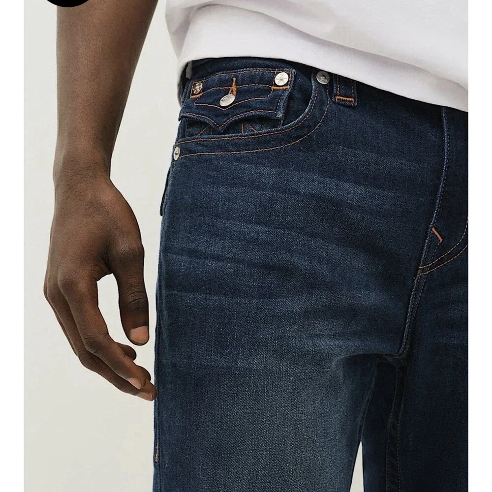 229$ True Religion World Tour Body Rinse Straight Flap Dark Wash Jeans Sz 36x34